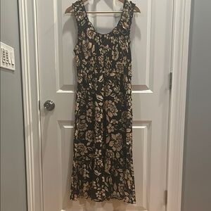 Patrons of Peace Cream and Brown Sleeveless Midi Sundress